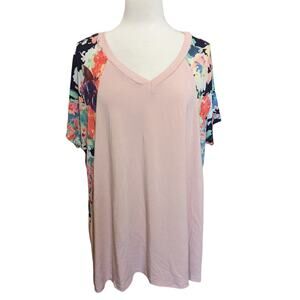 Lily Pad Pink V-Neck Blouse with Floral Sleeves Size 2XL